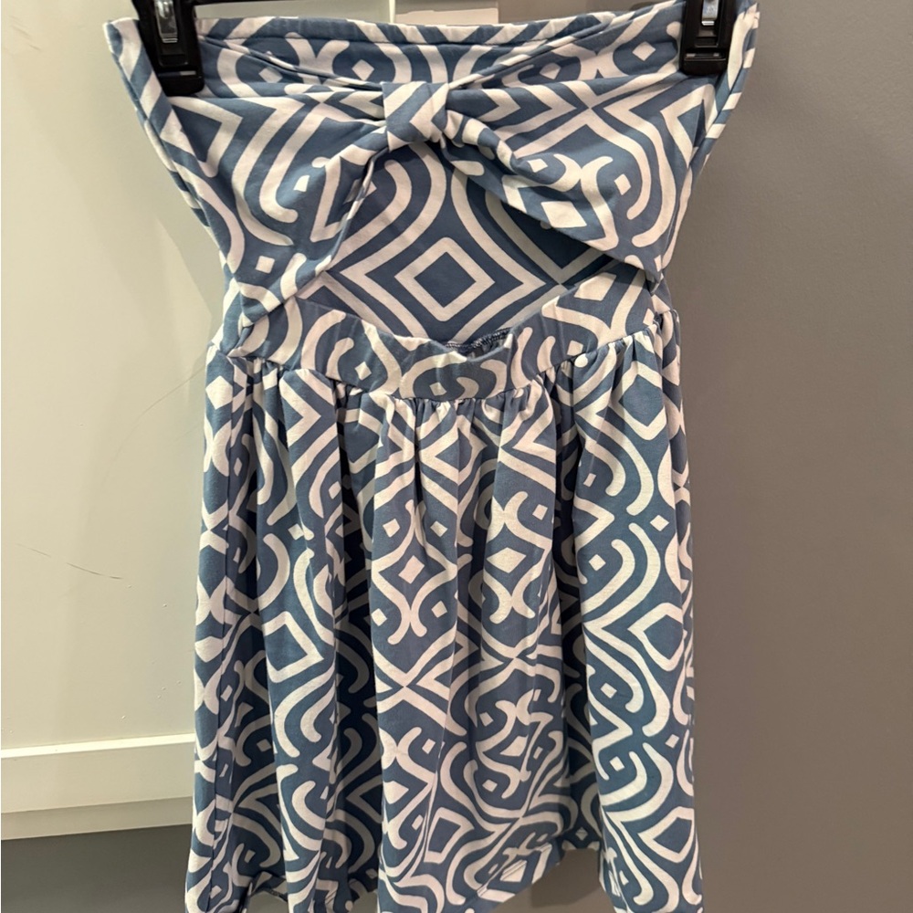 Blue and White Geometric Strapless Dress